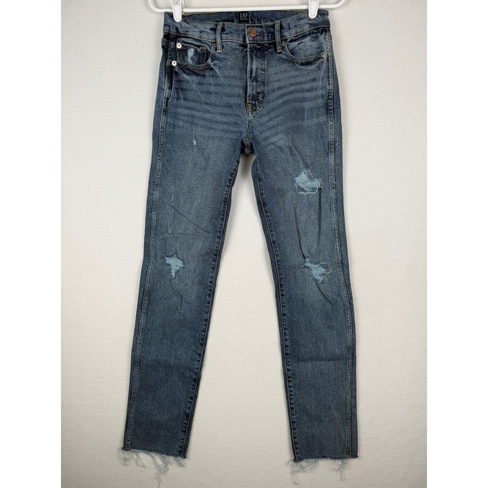 Gap Slim Straight Jeans Womens 27 Tall 4 Blue Distressed Raw Hem High Rise